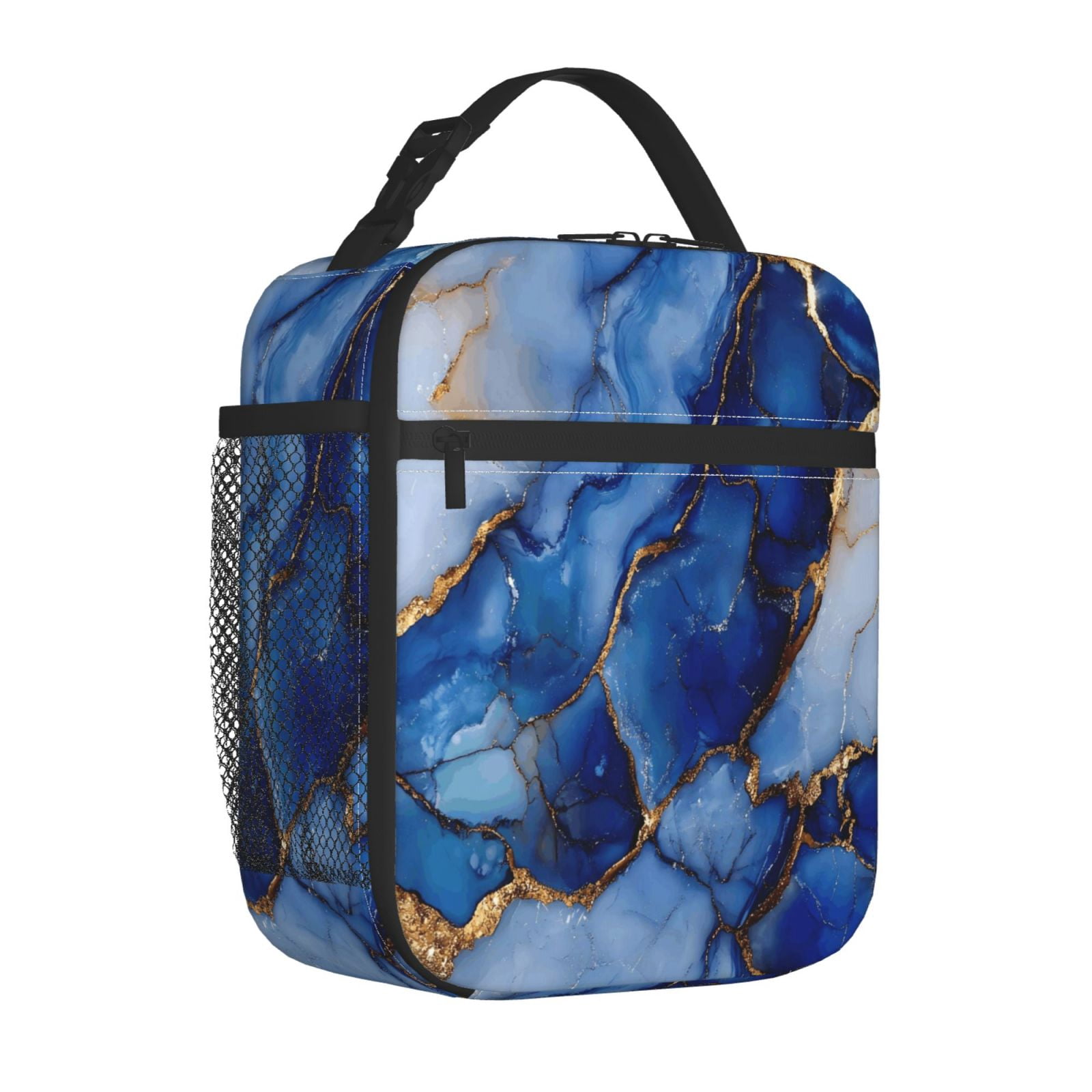 Lunch Bag For Women Men Insulated Portable Lunch Box Bento Box Office Picnic Travel Cooler Bag Blue And White Gold Marble