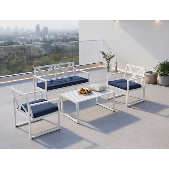 Resenkos 4-Piece Outdoor Patio Conversation Set – White Steel Frame with Navy Cushions, Includes Loveseat, 2 Chairs & Side Table for Backyard, Poolside & Garden