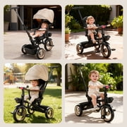JoyStone 7 in 1 Foldable Tricycle Stroller for Toddler, Baby Tricycle with Adjustable Canopy, Parent Handle, Removable Pedals, Seat Belt and Storage Basket, Kids Bike for Ages 1-6 Boys & Girls, Khaki