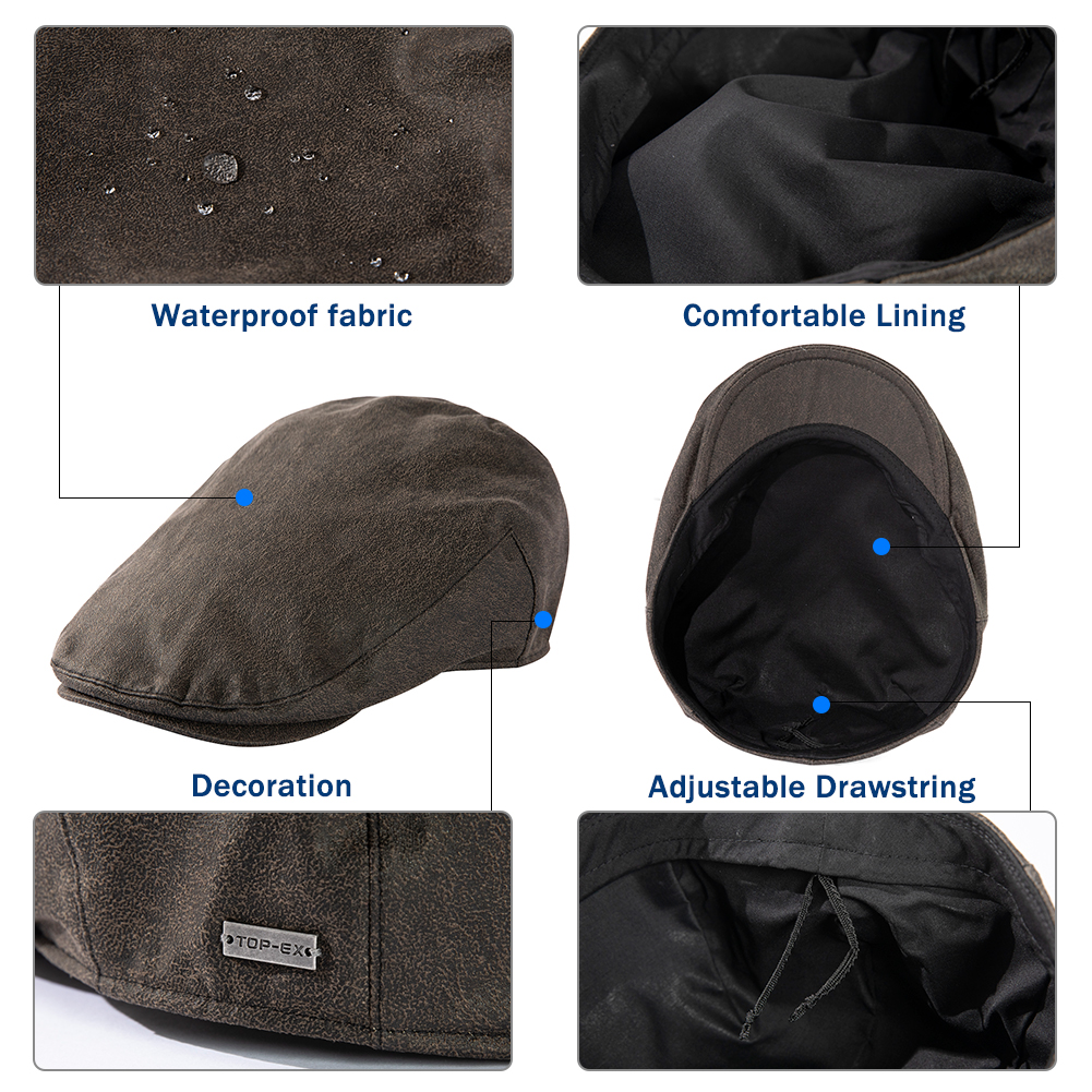 TOP-EX XL/XXL Mens Faux Leather Flat Cap Winter Newsboy Ivy Driving Hat Black XL/XXL