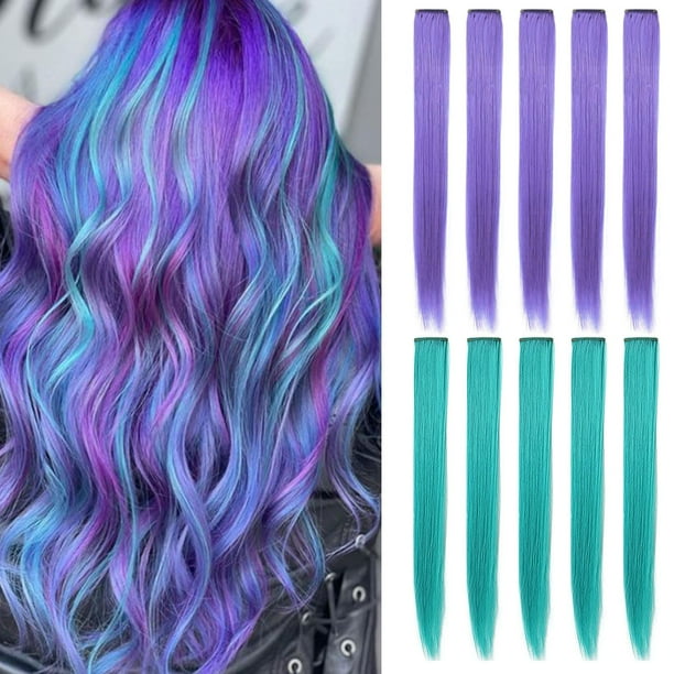 Postizos coloridos de lavanda y verde azulado para niñas, extensiones de cabello de colores con clip recto, resaltado multicolor, para adolescentes, adultos y mujeres (verde azulado, lavanda púrpura)
