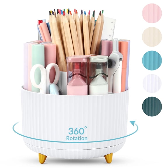 360 Rotating Plastic Desk Pen Organizer with 5 Slots, Dual-Purpose Art Supply Pencil Cup for Office, Home
