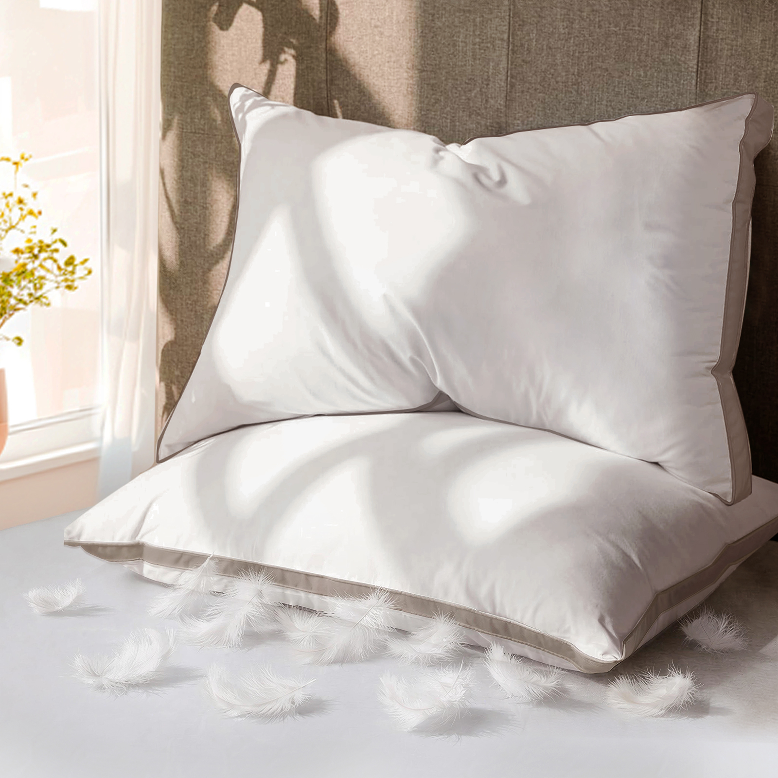 Teler Goose Feather Down Pillows Queen Size Set of 2, 600TC 100% Cotton Cover Hotel Collection Bed Pillows,20"x28"