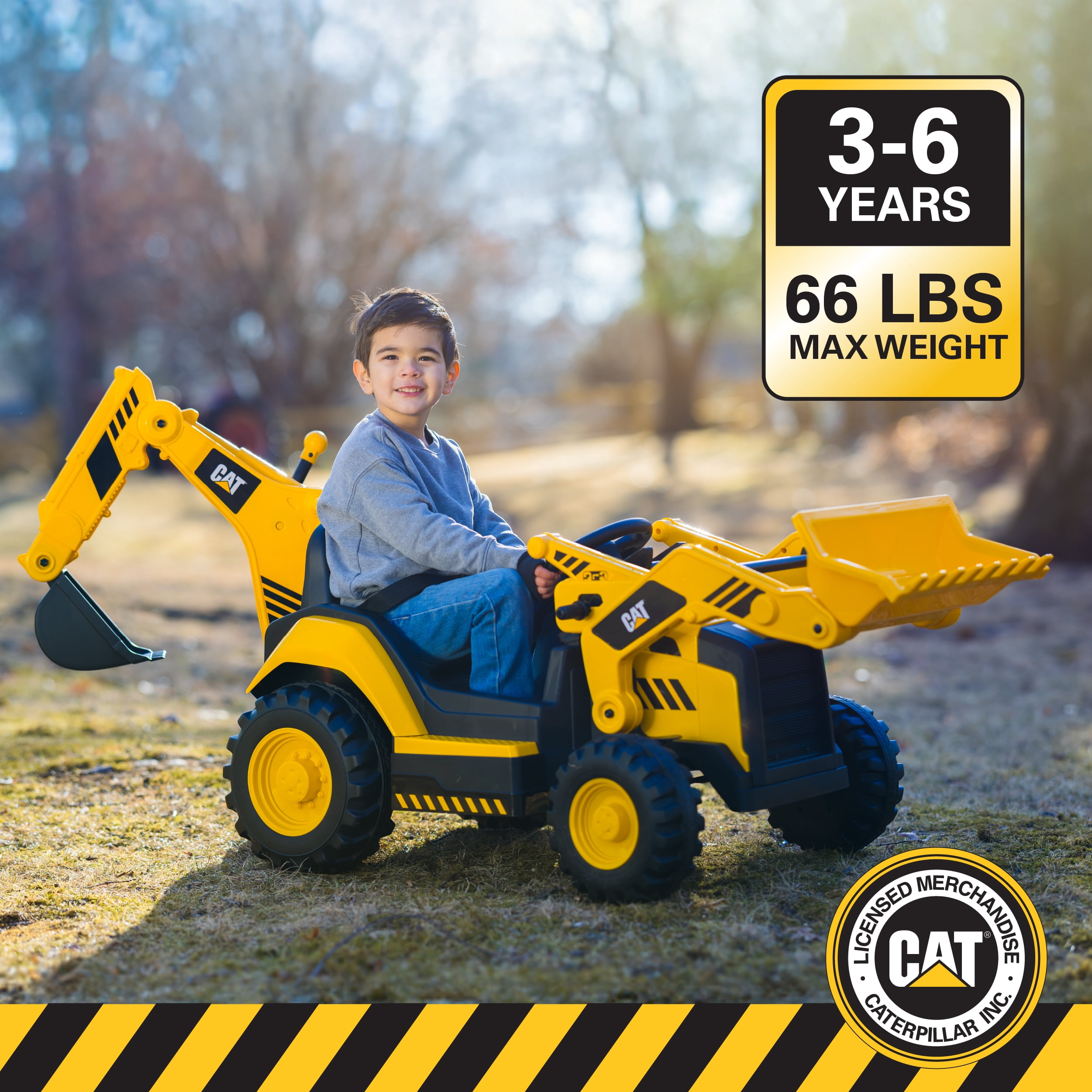 Kid Trax 12V CAT Backhoe Loader Ride-On Excavator with Working Loaders, MP3, Real Sounds, Ages 3–6