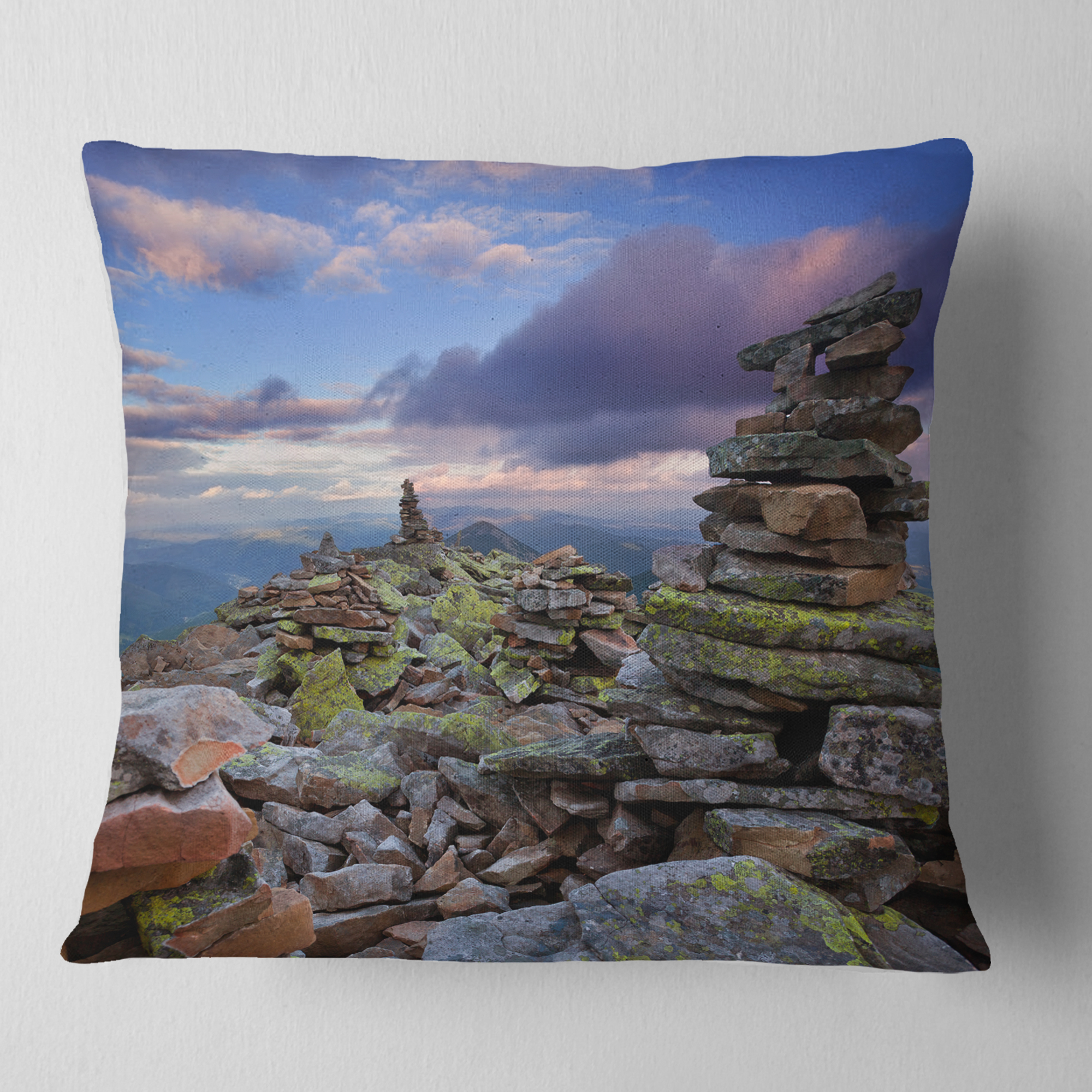 Designart Piled Stones in Summer Mountains - Landscape Photography Throw Pillow - 18x18