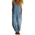 thumbnail image 2 of Y2K Denim Bib Overall Pants Womens Button Front Wide Leg Jean Jumpsuits Vintage Loose Romper Blue M, 2 of 7
