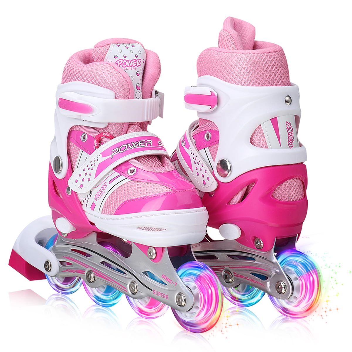 Light Up Inline Skates For Kids, Boys and Girls Adjustable Skates Shoes Roller Skates All Illuminating Rollerblading for Children Youth, Blue / Pink, Sizes 13M US Little Kid - 5.5M US Big Kid