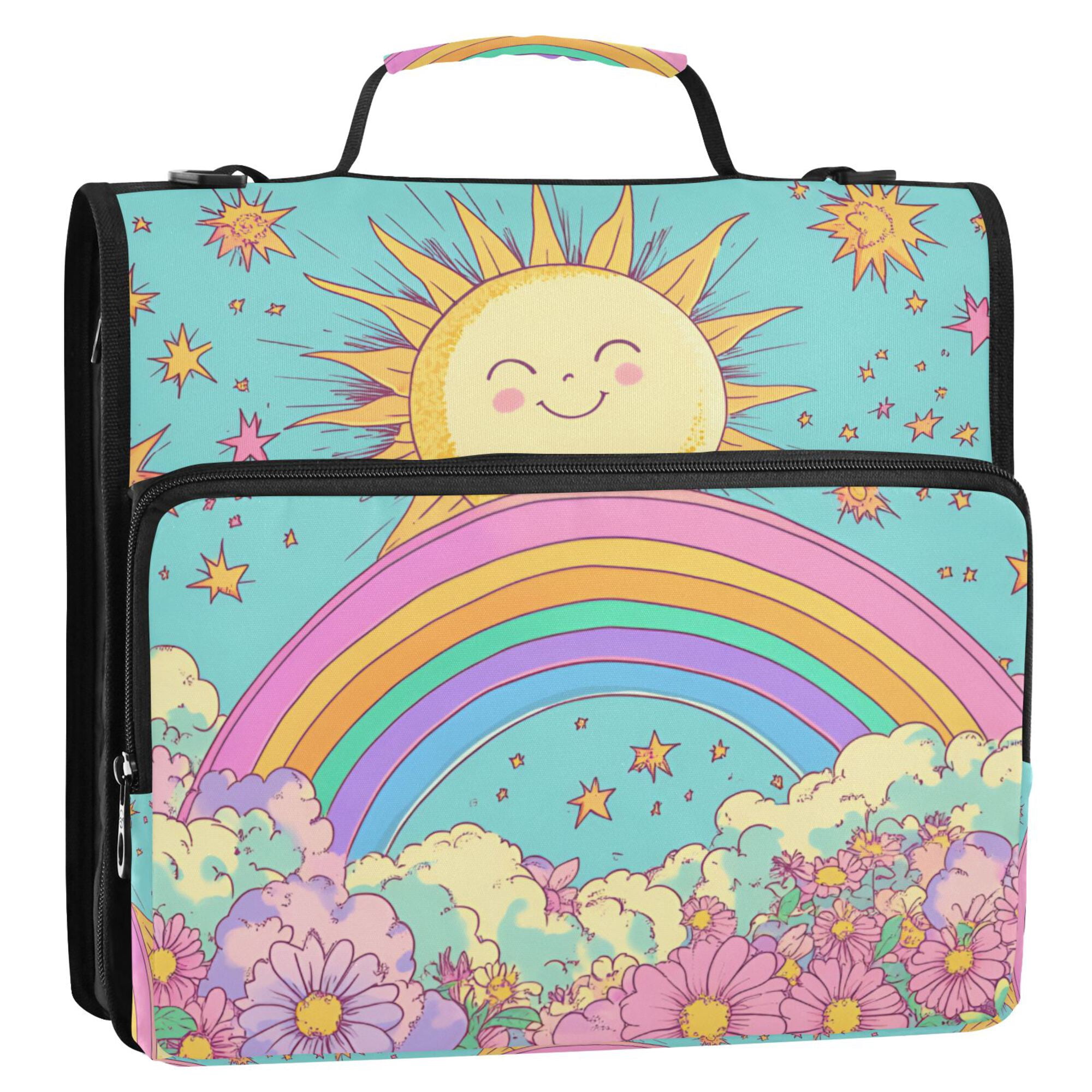 FORMRS Zipper Binder with Shoulder Strap 2-inch Ring 500 Sheet Capacity File Bag, Retro Blue Rainbow