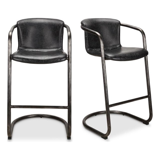 Moe's Home Collection Freeman Barstool Onyx in Black Leather (Set of 2)