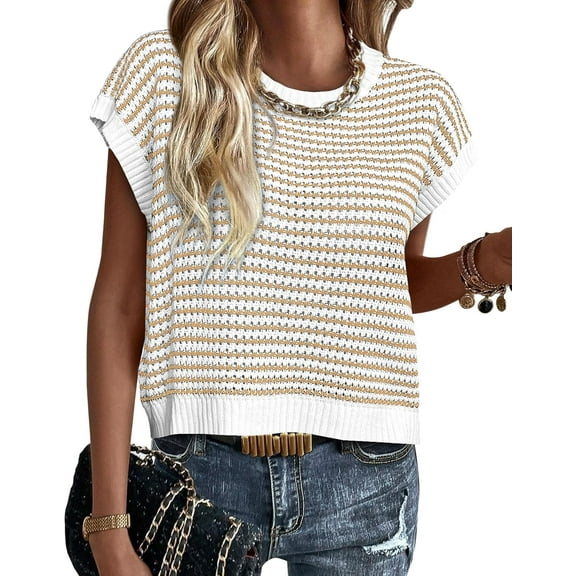 Womens Short Sleeve Sweater Spring Summer 2025 Round Neck Striped Pullover Cap Sleeve Knit Sweater Vest Tops