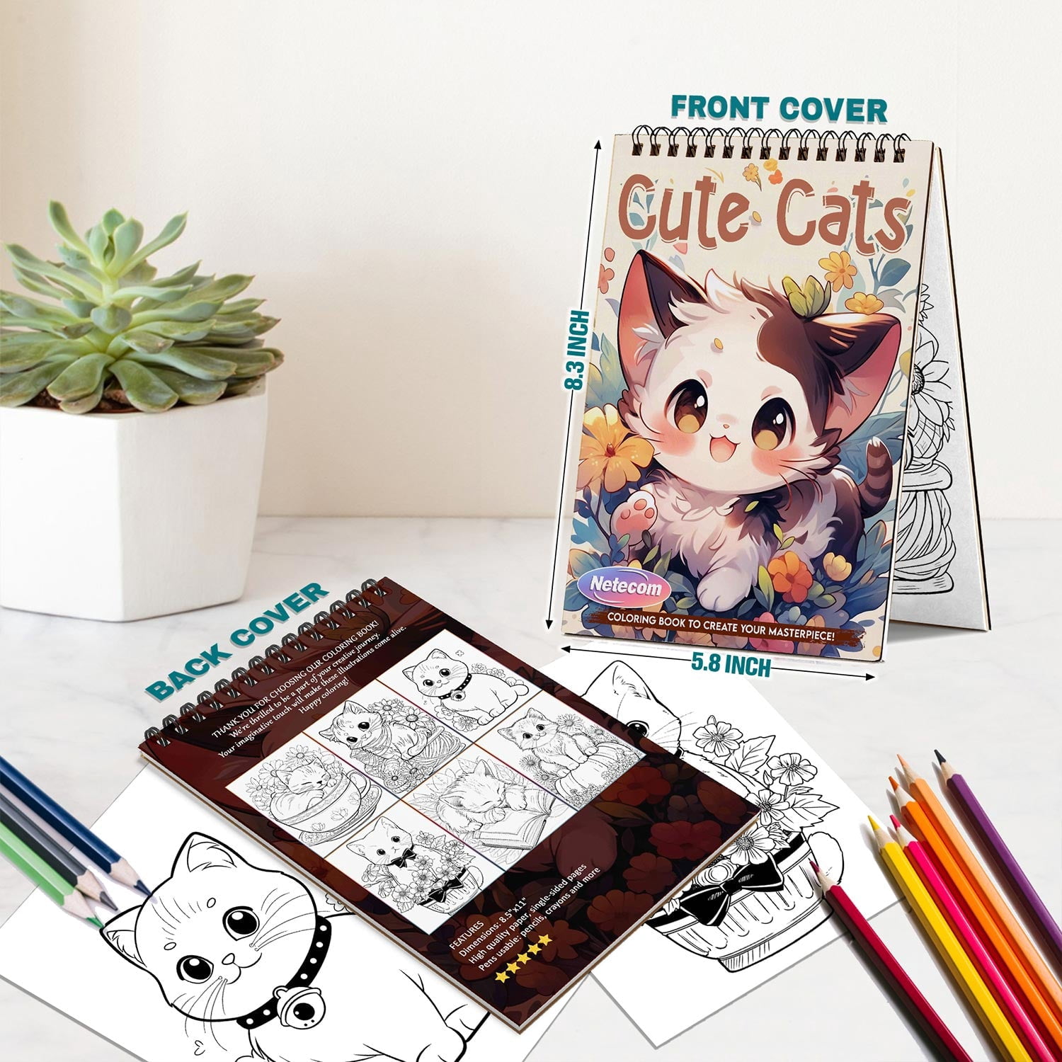 Netecom Cute Cats Spiral Bound Coloring Book for Adults, A5 Wooden Cover, 30 Adorable Coloring Pages of Playful Kittens for Stress Relief and Relaxation