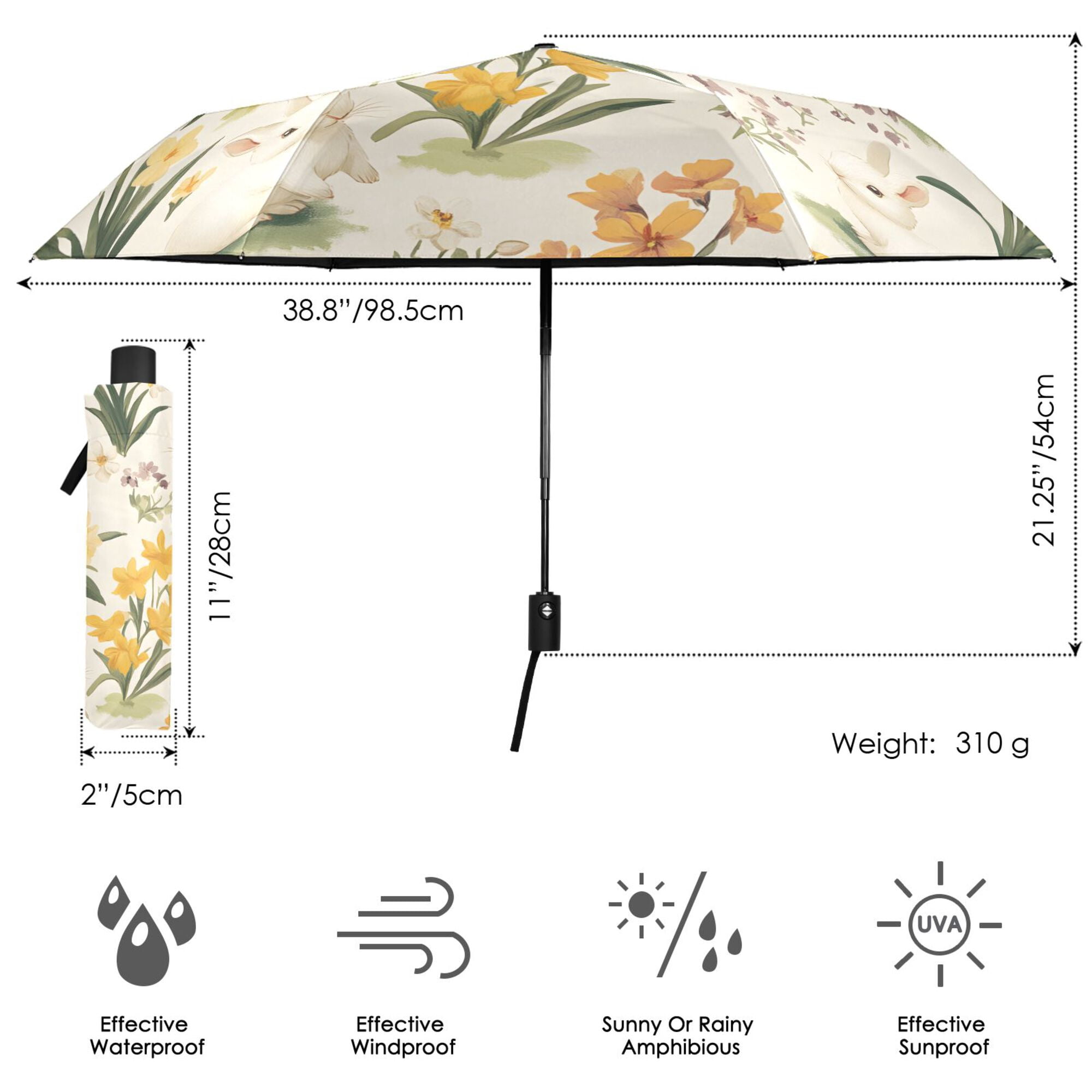 FORMRS Travel Umbrella Folding Auto Open Close Windproof Rain UV Protection, White Rabbits