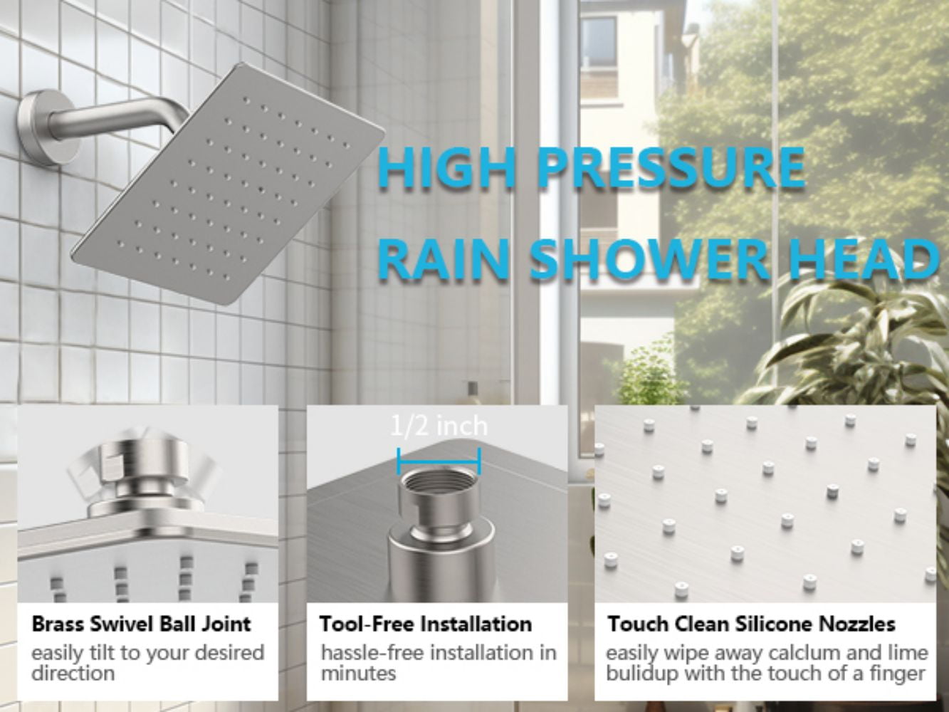 Brushed Nickel Shower Faucet Set with 8 Inch Rain Shower Head, Single Handle Shower System with Storage Shelf, Modern Wall Mounted Bathroom Fixture for Full Body Coverage