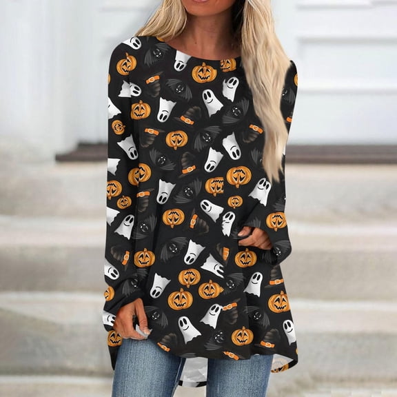 Blue Halloween Shirts Women Crew Neck Oversized Halloween Sweatshirt Women Vintage Spooky Season Pullover Top Spooky Vibes Letter Print Long Sleeve Shirt L