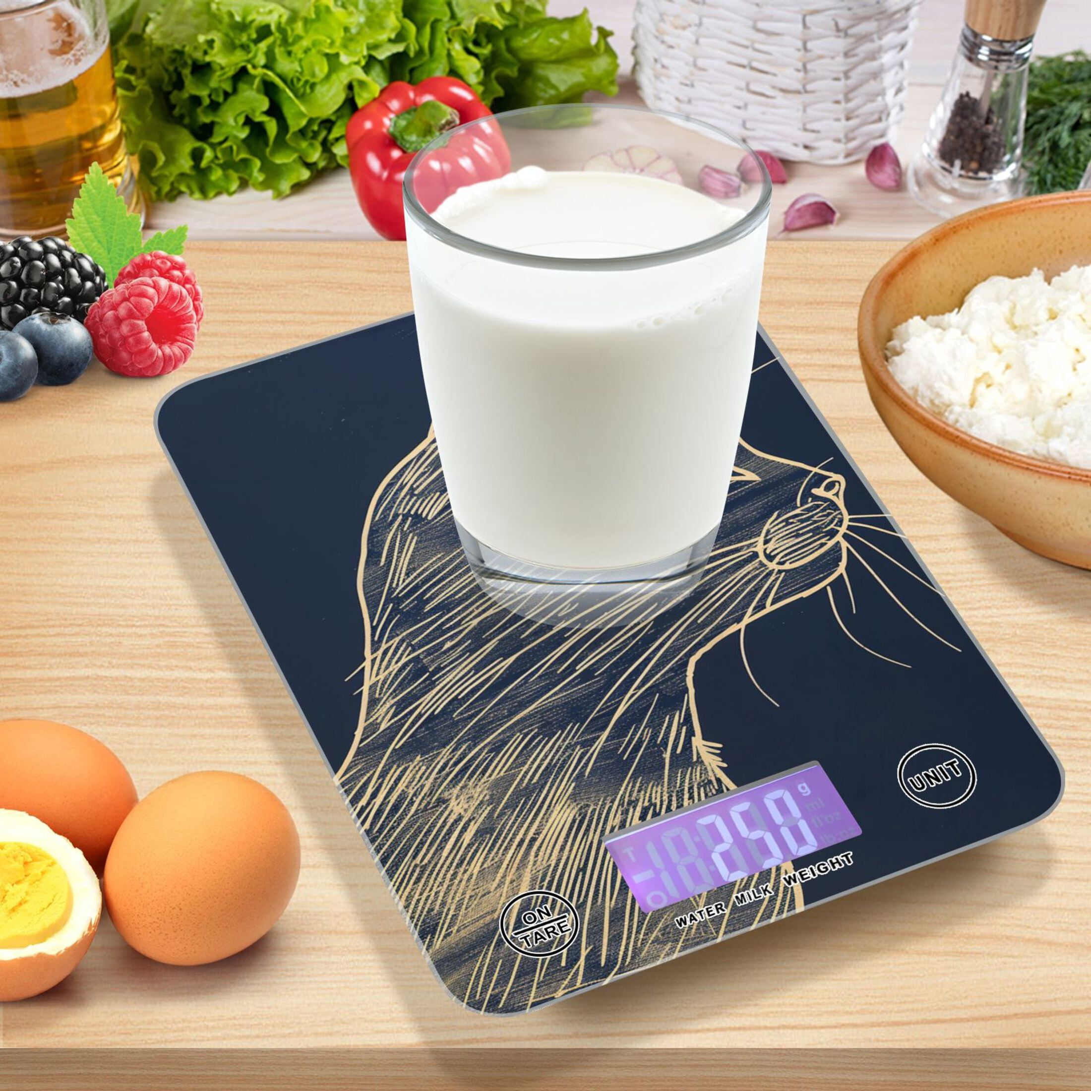 Cat in Blue Food Scale Digital Kitchen Scale Waterproof Tempered Glass Tare Function 11 lb for Baking Cooking Meal Prep
