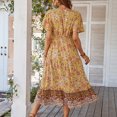 thumbnail image 4 of Vestido de verano de manga corta para mujer, estilo de vacaciones, vestido floral con cuello en V, falda midi para mujer, Amarillo XL, 4 of 6
