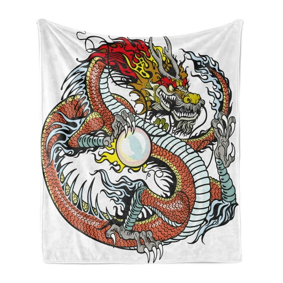 Dragon Soft Flannel Fleece Blanket, Traditional Chinese Creature Holding a Large Pearl Zodiac Signs Folk Tattoo Graphic, Cozy Plush for Indoor and Outdoor Use, 50" x 60", Multicolor, by Ambesonne