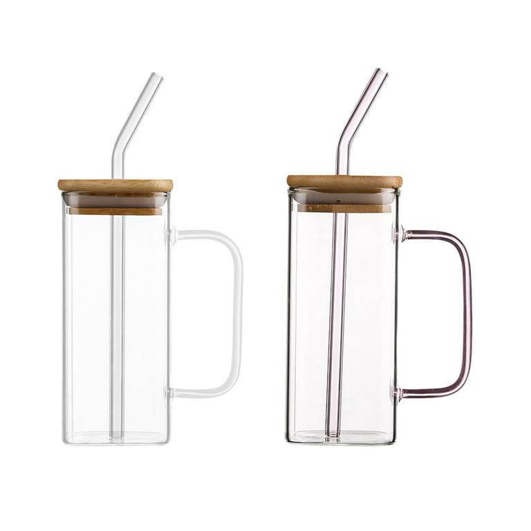 Square Mug,Glass Mug Square 400ml Drinking Glass Cups,Cup with Lids and Straws  Handle,Drinking Glass Bottle Transparent Drinkware,Heat Resistant clear  Teacup Reusable,Juice Beverage B 