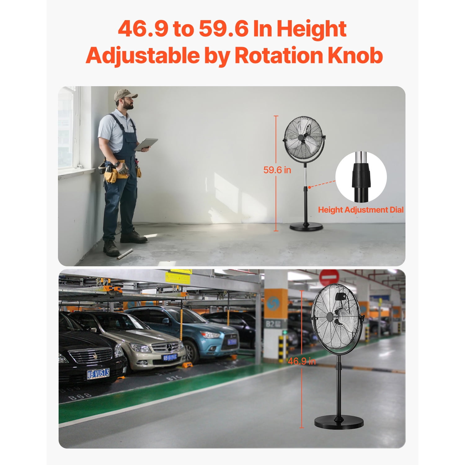 KFFKFF 20" Industrial Oscillating Standing Fan, 4500CFM High Velocity Pedestal Fan with Adjustable Height from 46.9 to 59.6 Inches, Ground Fans with 3 Speed Settings