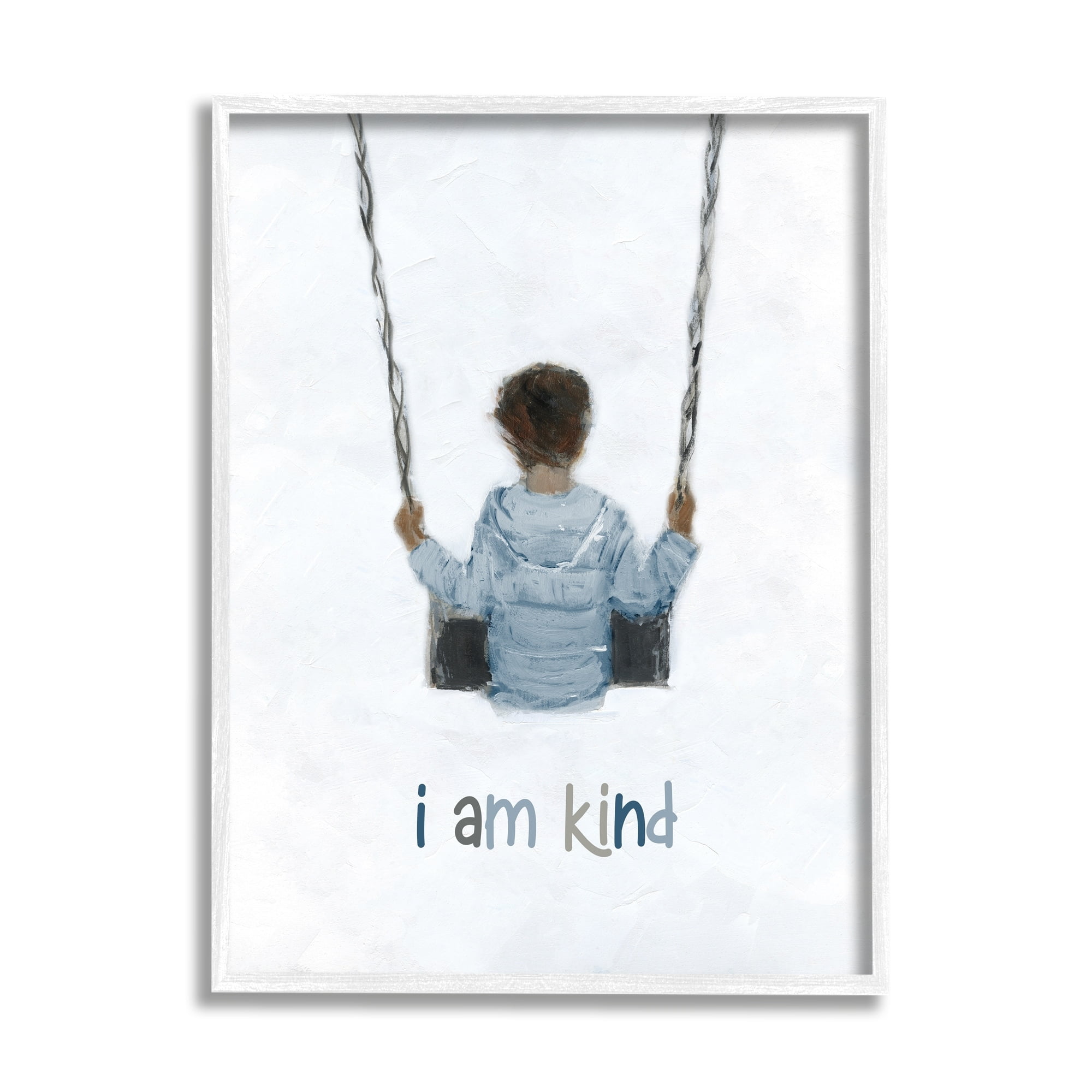 Stupell Industries I am Kind Motivational Child Playing on Swing Graphic Art White Framed Art Print Wall Art, Design by Sally Swatland