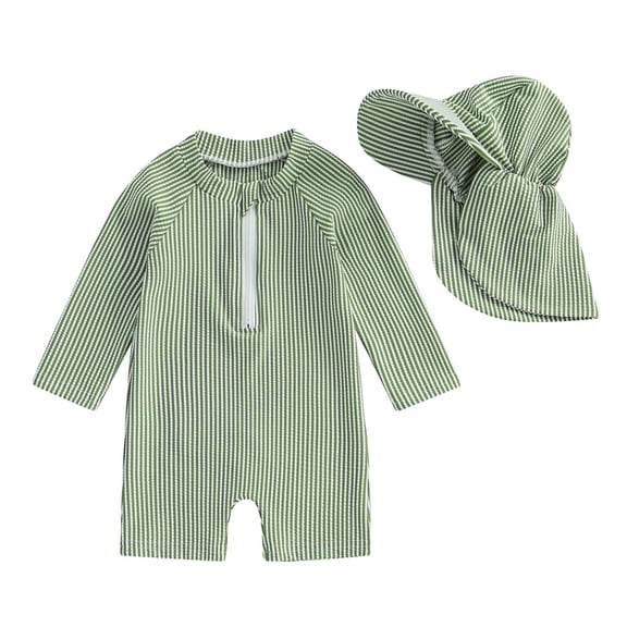 Glisme Boys Swim Set Toddler Baby Long Sleeve Swimsuit Striped Zipper Bathing Suit Swimwear With Hat 3Pcs Rash Guard Set Durable Green Beachwear Size 12-18 Months