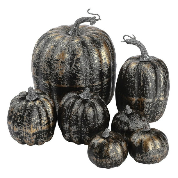 Paquete de 7 decoraciones de calabaza de oro negro de Acción de Gracias, 4 tamaños de calabazas artificiales, decoración de otoño para chimenea, cocina, fiesta de Acción de Gracias, día de la cosecha
