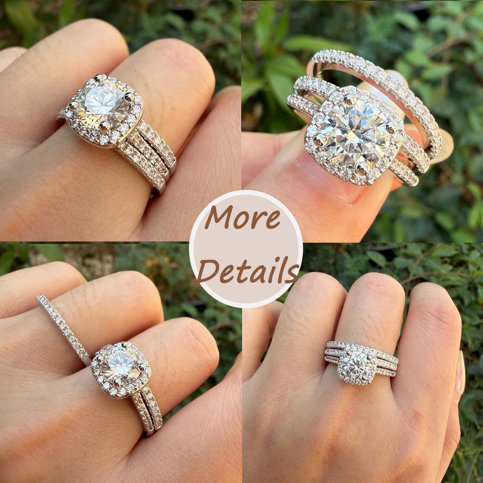 Newshe Jewellery 2Ct Halo Wedding Ring Set For Woman Engagement Rings Round AAAAA Cz 3pcs Size 5