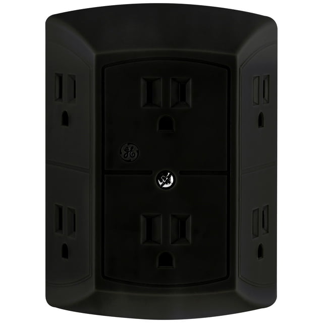 GE 6 Outlet Wall Plug Adapter Power Strip, Extra Wide Spaced Outlets, Power Adapter, 3 Prong, Multi Outlet Wall Charger, Quick & Easy Install, For Home Office, Black, 45201