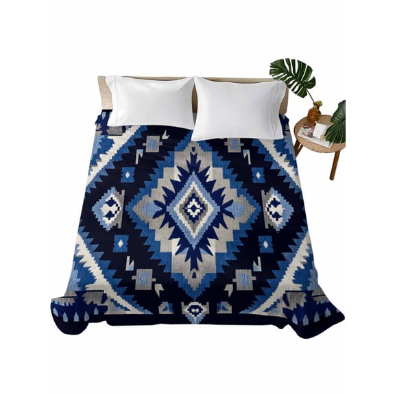 Twin Flat Sheet 66"x96", Boho Navy Blue Grey Soft Lightweight Bedding Flat Sheets Only, Ethnic Geometric Southwestern Vintage Brushed Microfiber Top Bed Sheet, Breathable StainResistant Bedsheets