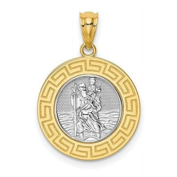 14K and White Rhodium Solid St. Christopher Medal Greek Key Edge Round Pendant C4713