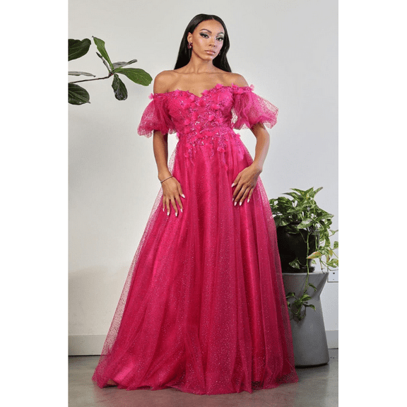 Women's May Queen MQ2033 Sweetheart Puffed Sleeves Gala Long Gown Fuchsia Pink 4
