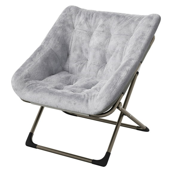 X-Large Saucer Chair, Comfy Oversized Folding Chair, Faux-Fur Reading Chair for Teens, Adults, Foldable Accent Lazy Chair, Metal Frame Lounge Chair for Living Room, Bedroom, Dorm, Grey