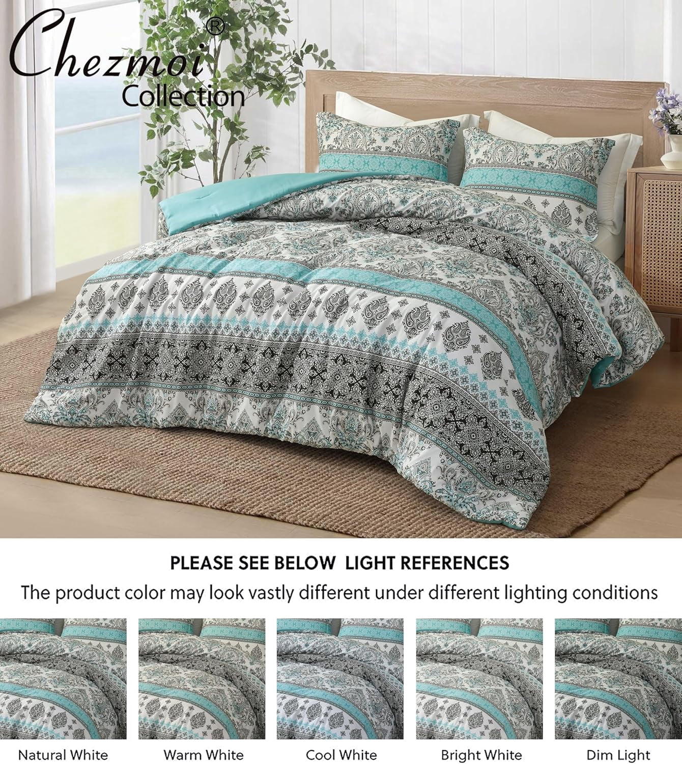 Chezmoi Collection Herald 2-Piece Printed Comforter Set, Aqua Blue Black White Boho Damask, Pre-Washed Microfiber Lightweight Bedding for All Seasons, Twin Size