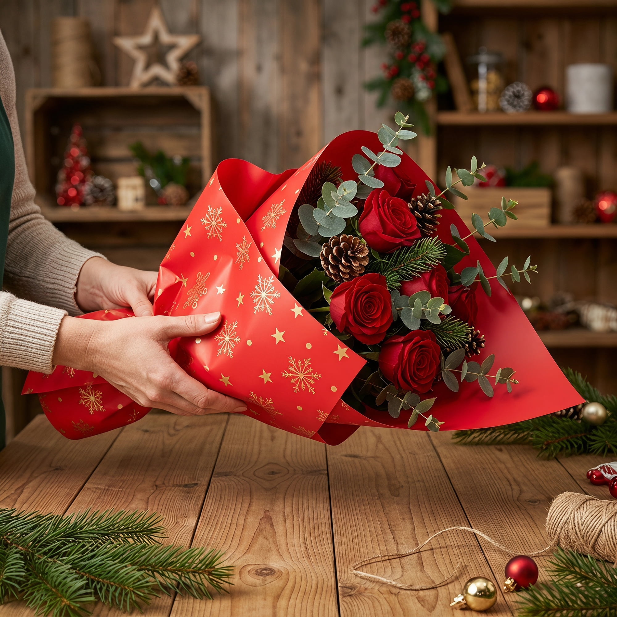Unique Bargains Waterproof Matte Gift Wrap Paper for Bouquets Red Snowflake 22"x 22"