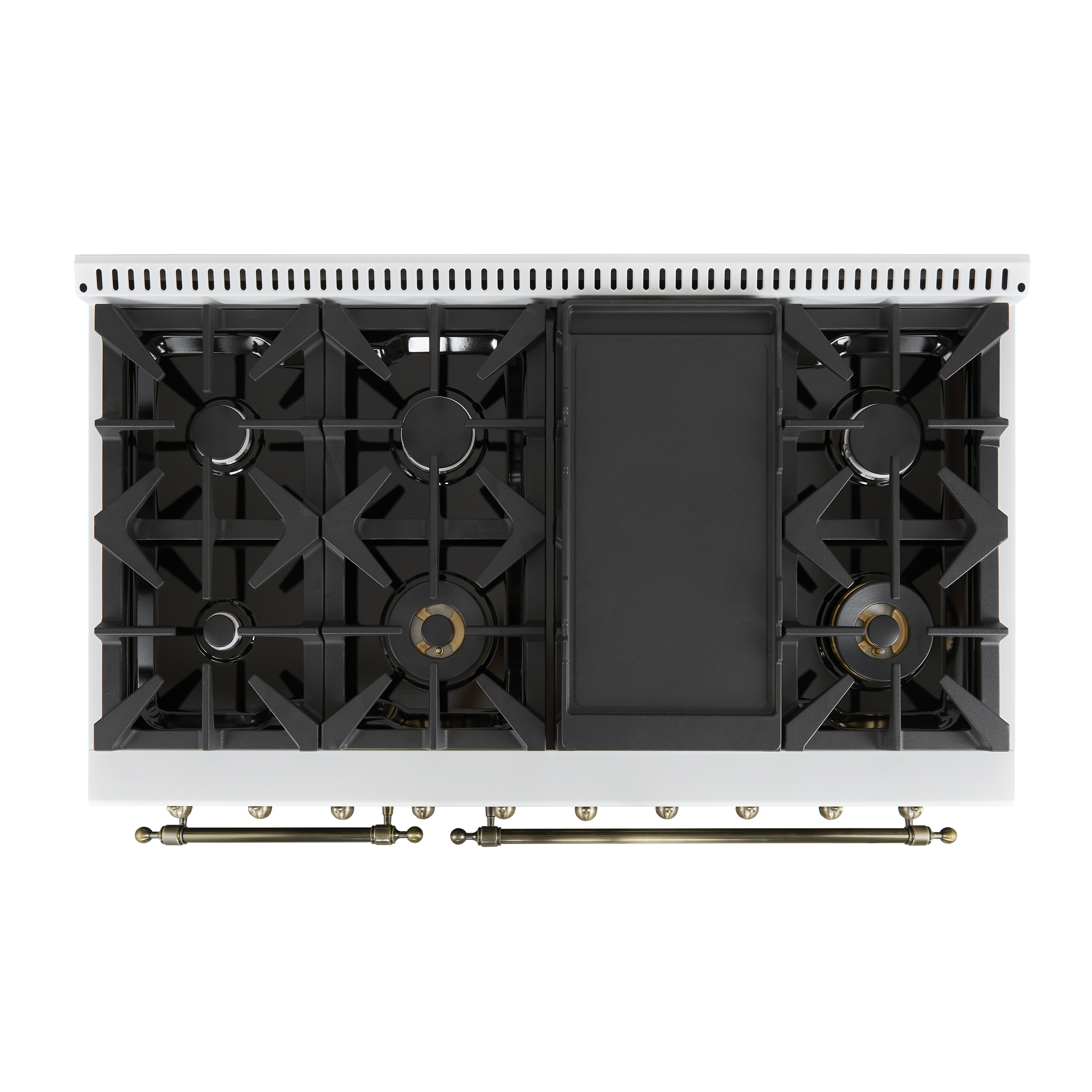 Forno Antico 48-Inch Dual Fuel Range, White with Antique Brass Finish, 8 Burners, 94,000 BTU, 5.5 cu.ft. Double Ovens  Griddle