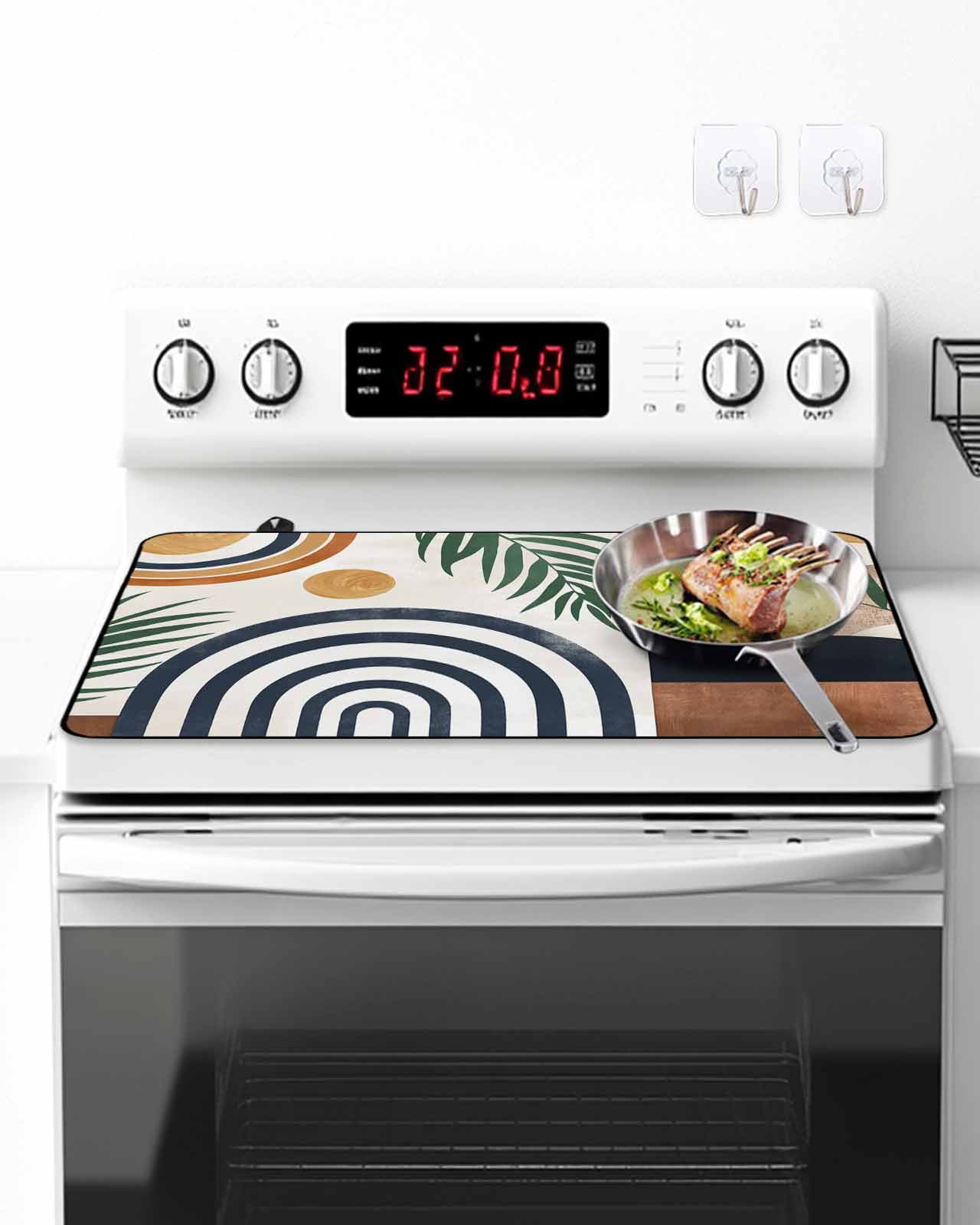 Stove Top Covers for Electric Stove, Abstract Boho Glass Stovetop Cover Protector, Bohemian Palm Leaf Geometric Leaf Circle Induction Cooktop Protector Oven Mat for Kitchen Countertop 24"x21"