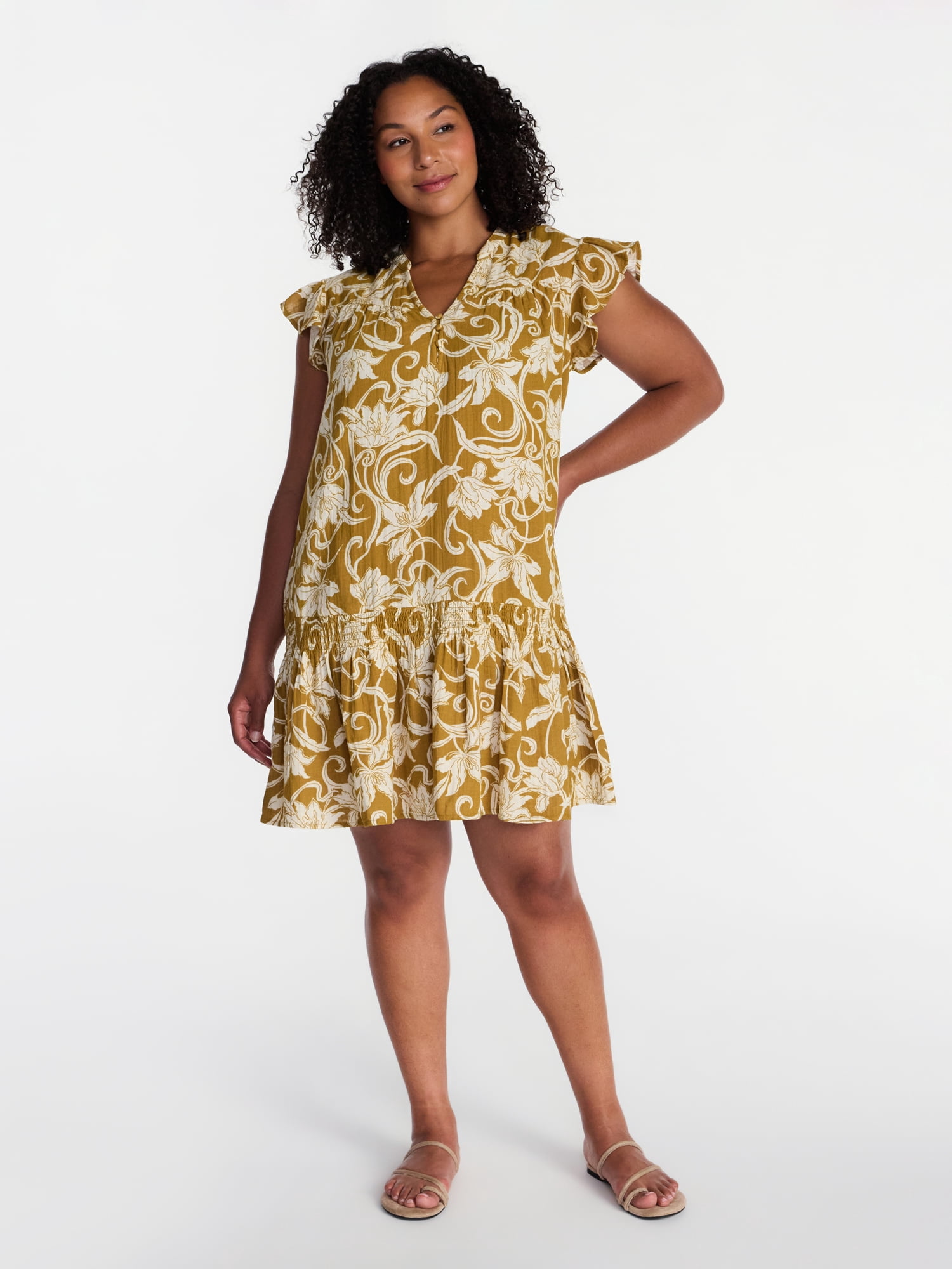 Time and Tru Women's Double Cloth Mini Dress with Flutter Sleeves, Sizes XS-XXXL