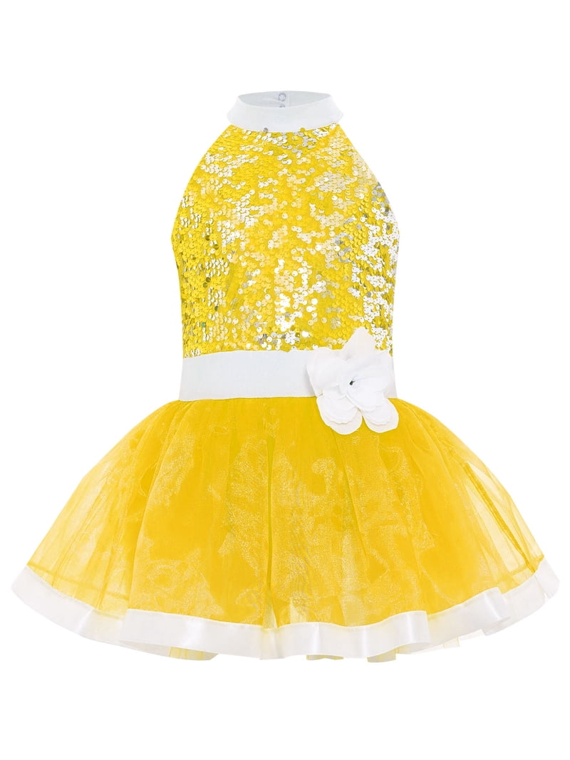 Haitryli Big Girls Shiny Sequin Ballet Leotard Tutu Dress Layered Tulle  Skirt Gymnastics Dance Ballerina Outfit Yellow 14 - Walmart.com