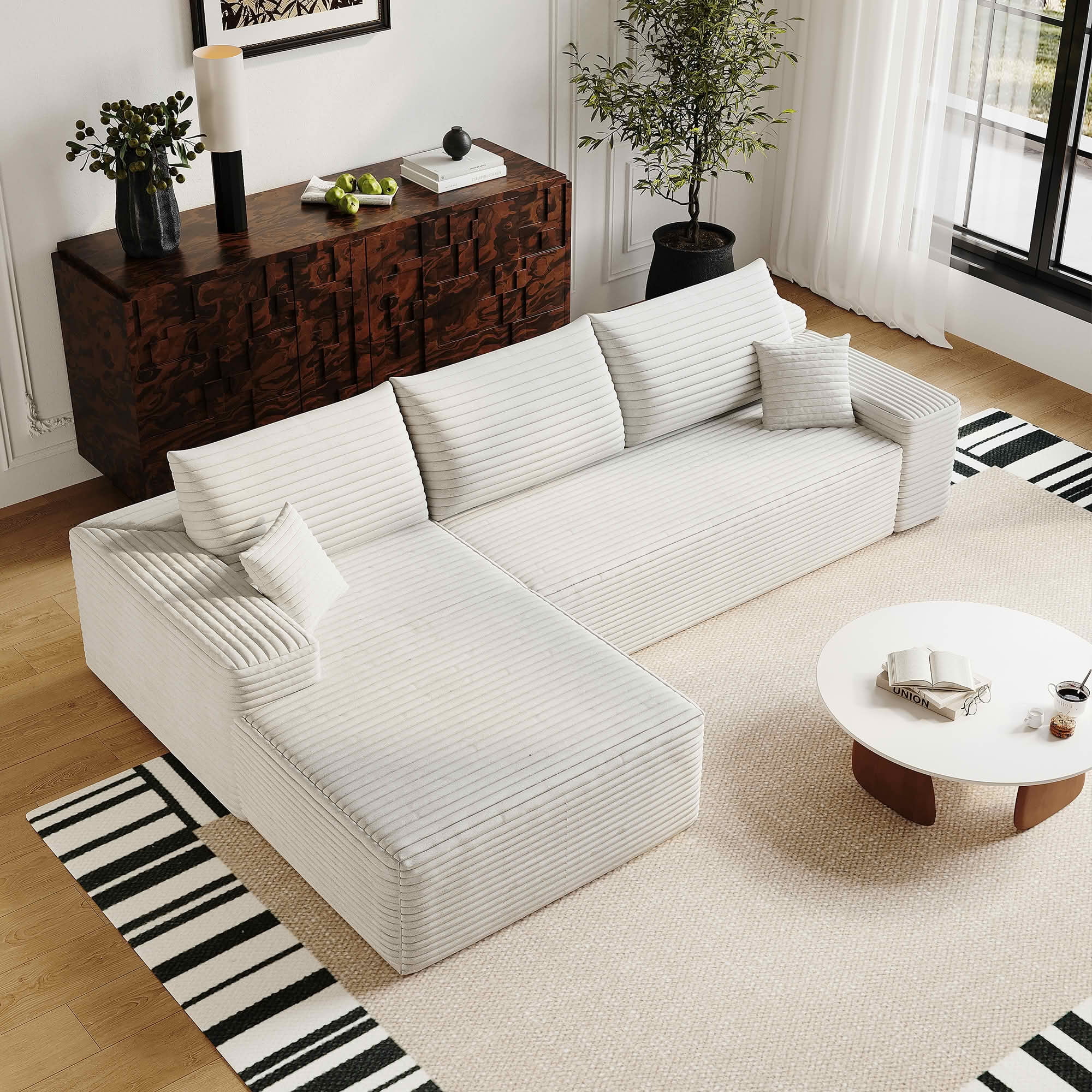 MAYEERTY 107" Cloud L-Shaped Modular Sectional Sofa with Left Facing Chaise, Plush Corduroy Deep Seat 3-Seater Couch, Cloud Sofa for Living Room, Apartment & Bedroom, No Assembly Required, White