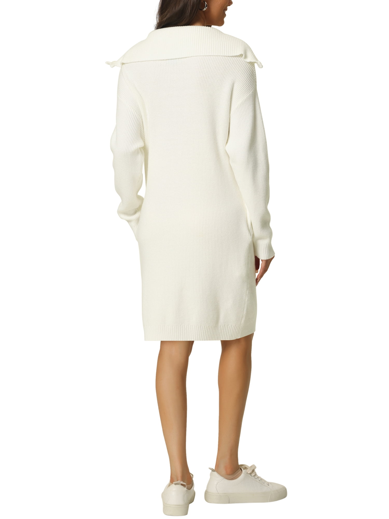 Unique Bargains Women's Zipper V Neck Long Sleeve Slim Fit Casual Midi Sweater Dress M White