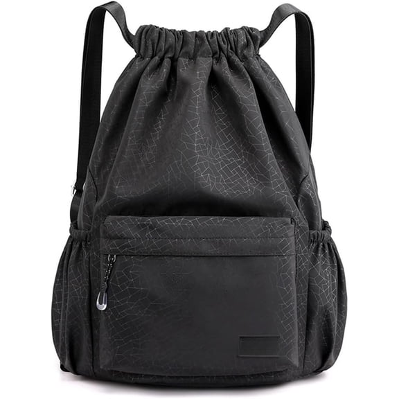 Drawstring Backpack  Gym Bag Water Resistant String Bag Cinch Sackpack with Side Zipper Pocket for Shopping  Yoga -black
