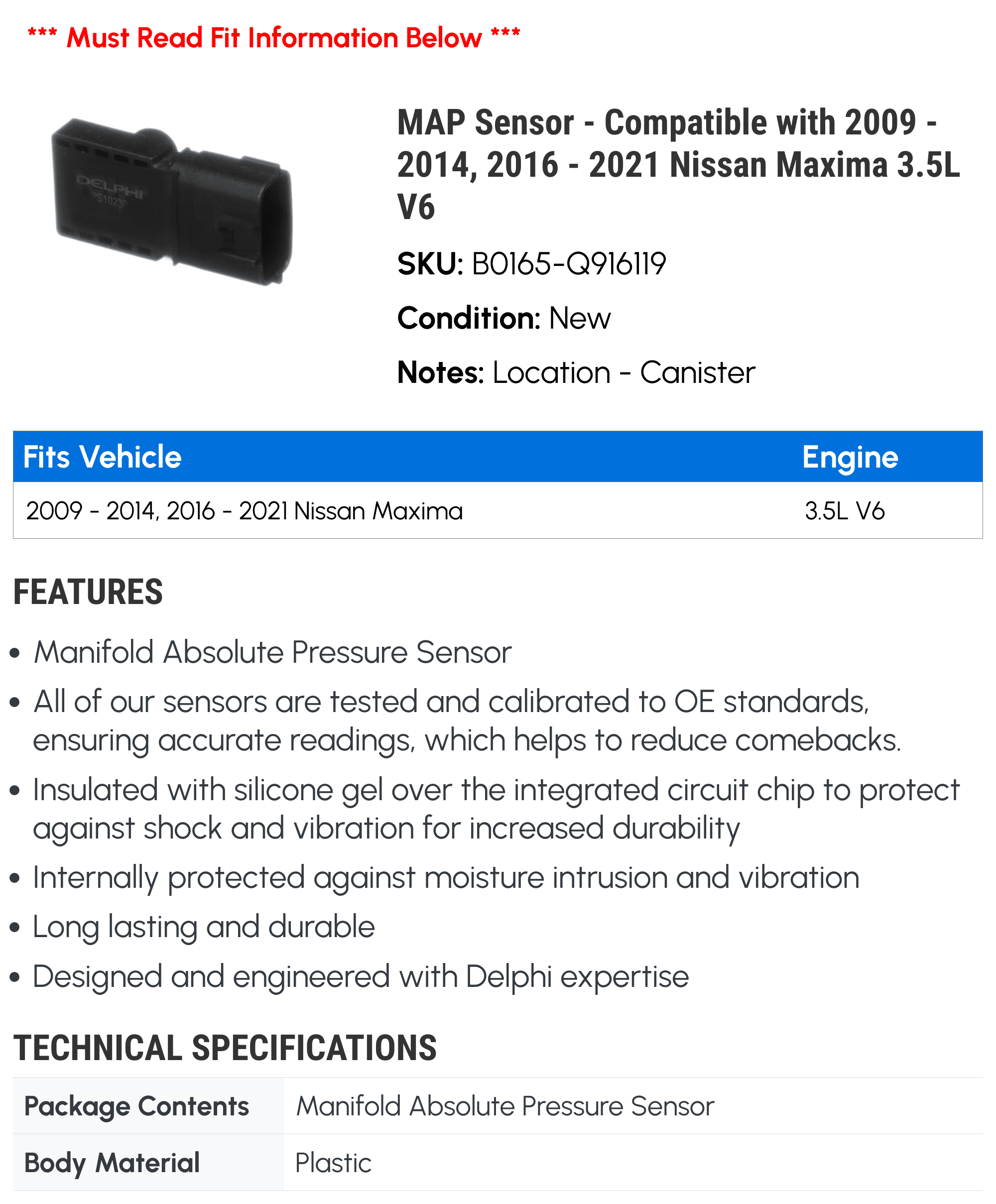 MAP Sensor - Compatible with 2009 - 2014, 2016 - 2021 Nissan Maxima 3.5L V6 2010 2011 2012 2013 2017 2018 2019 2020