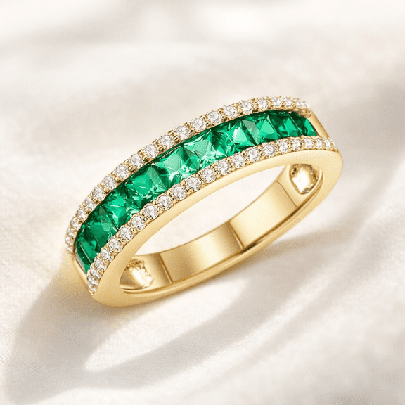 Jewelerix Green Princess Cut Eternity Band Ring in 14K Yellow Gold Vermeil, Women’s Wedding Anniversary Jewelry, Birthstone Ring