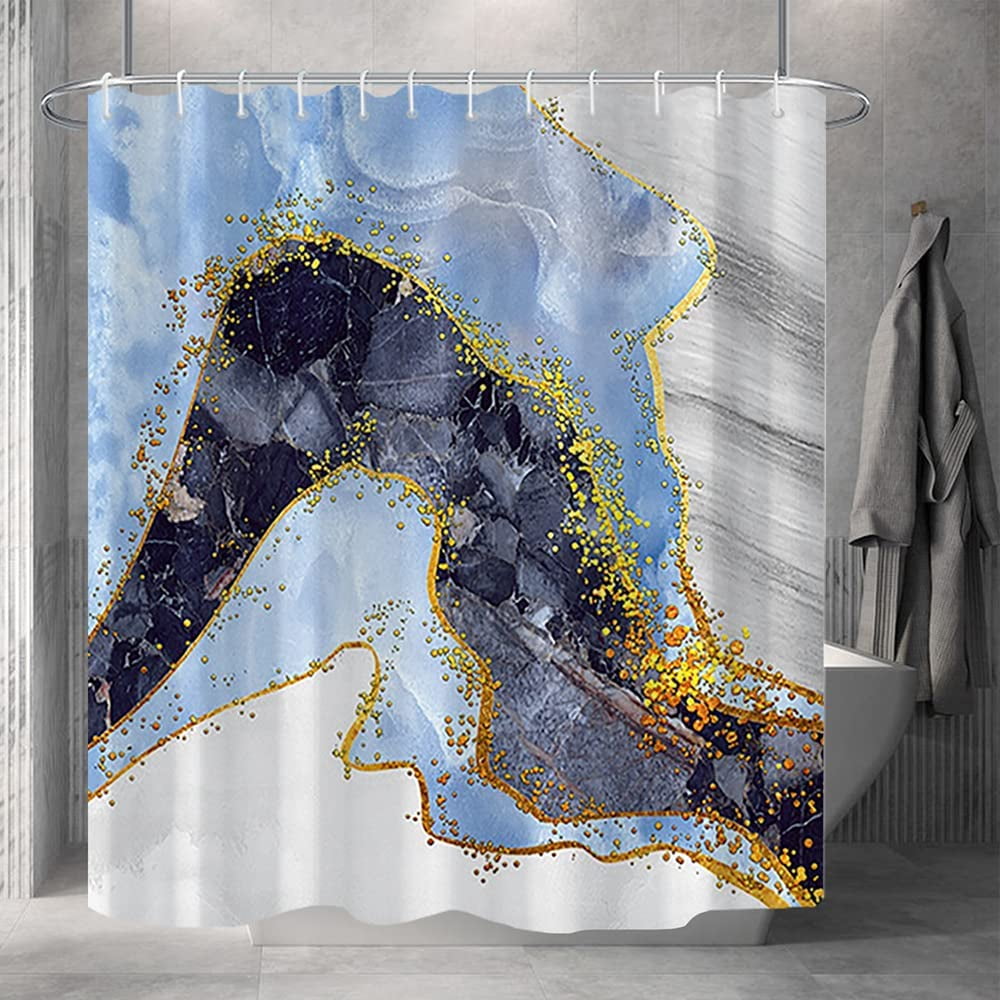 Marble Bathroom Shower Curtain Blue Black Gold Waterproof Fabric Shower Curtains with Hooks Watercolor Abstract Shower Curtains Cloth for Home Bath Decor 72x72 inches