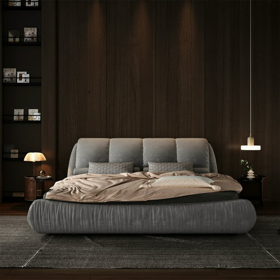 Queen Size Luxury Upholstered Platform Bed with Oversized Padded Backrest and Solid Wood Frame,suitable for Multiple heights of mattresses,Grey