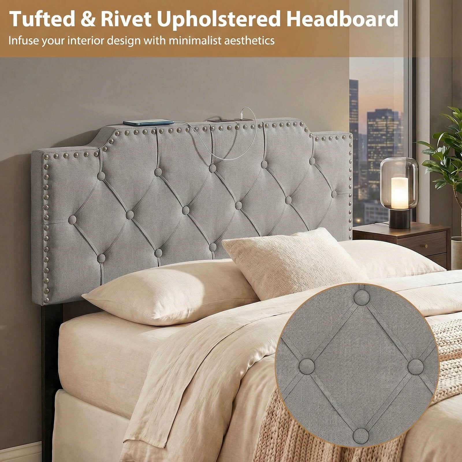 Costway Headboard for Queen and Full Size Bed, Rivet Tufted Upholstered Head Board Gray