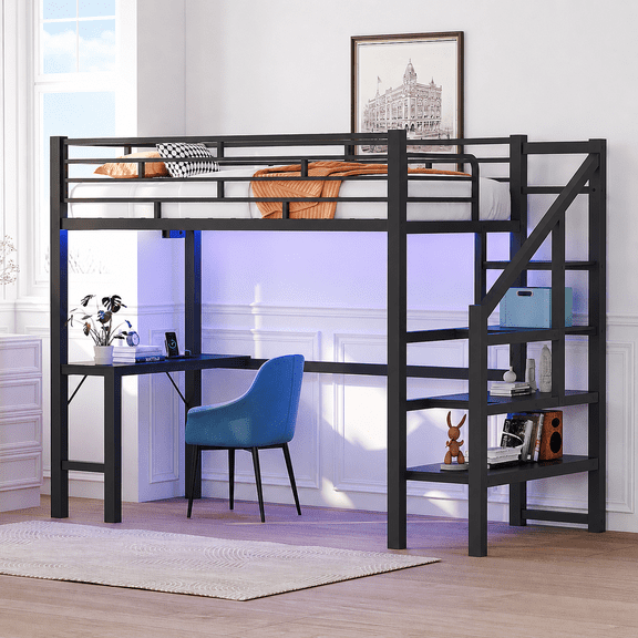 Zimtown Twin Loft Beds with Desk with 15" Height Guardrail, Bunk Bed Frame with Storage Step Ladder Bedroom Dorm Room, Black