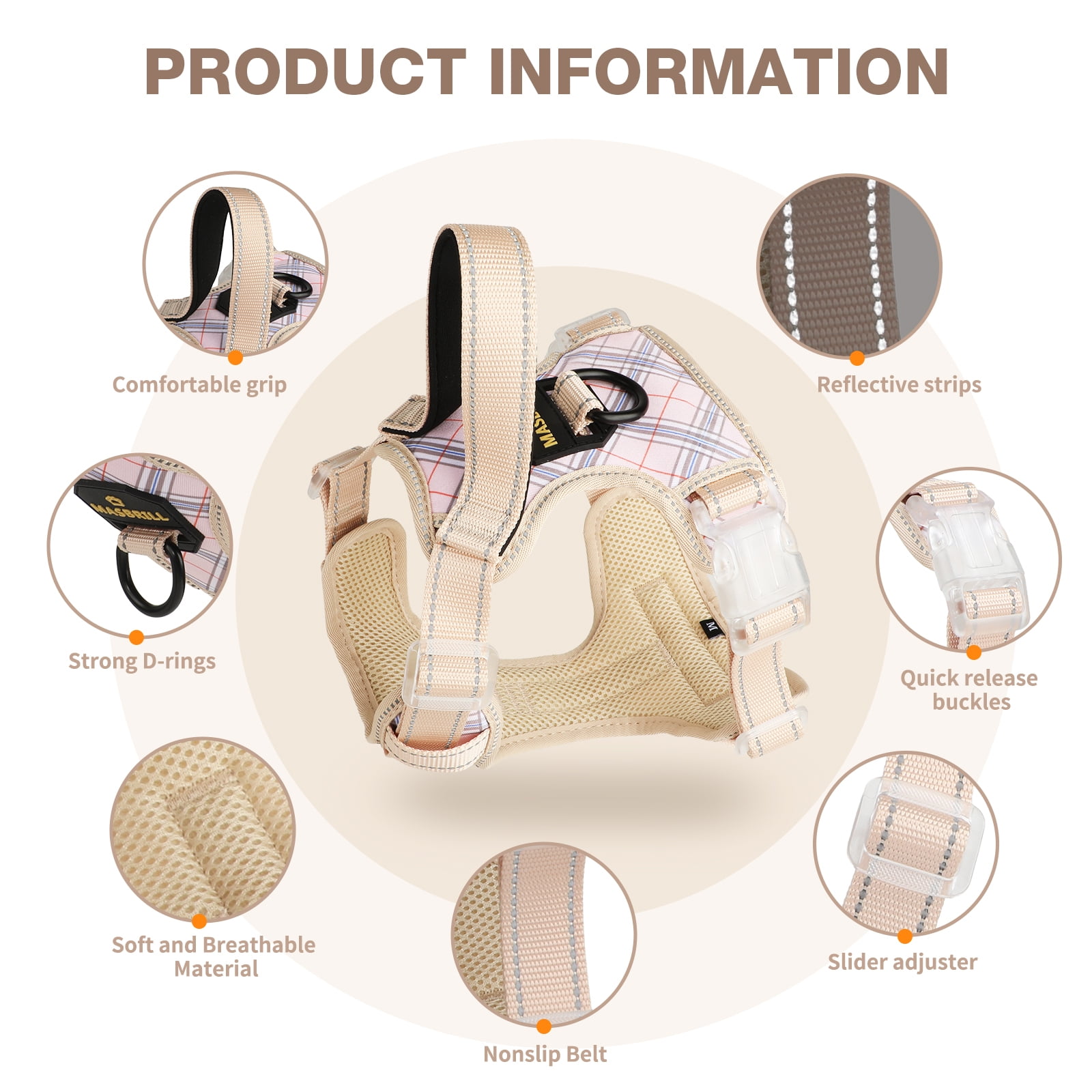 MASBRILL No Pull Dog Harness Reflective Dog Vest Harness with Handle , Breathable Padded Dog Chest Harness Adjustable for Small Dog,New Striped-Beige