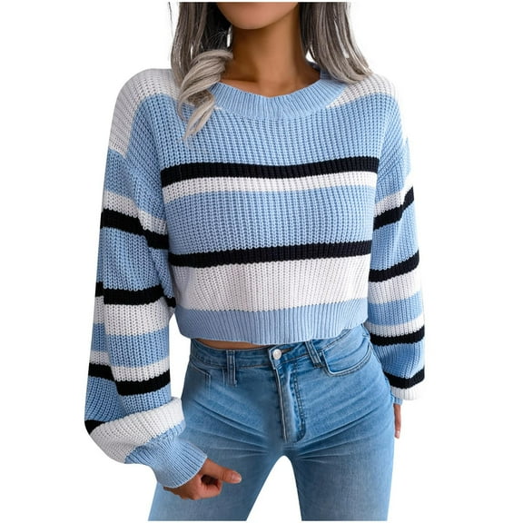 Odeerbi Women Sweater Trendy 2025 Casual Round Neck Sweater Stripe Long Sleeve Loose Sweater Autumn Blouse Tops Blue