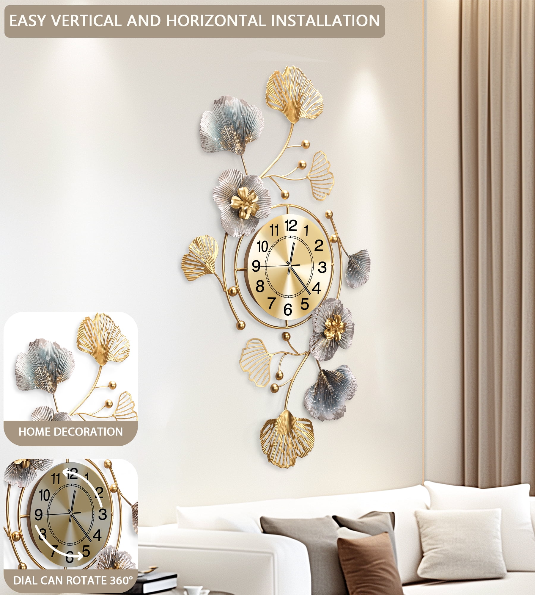 33"Large Wall Clock – 3D Metal Ginkgo Leaf Decorative Wall Clock, Non-Ticking Wall Clocks Battery Operated, Modern Clocks for Living Room, Gift-Ready for Home or Office